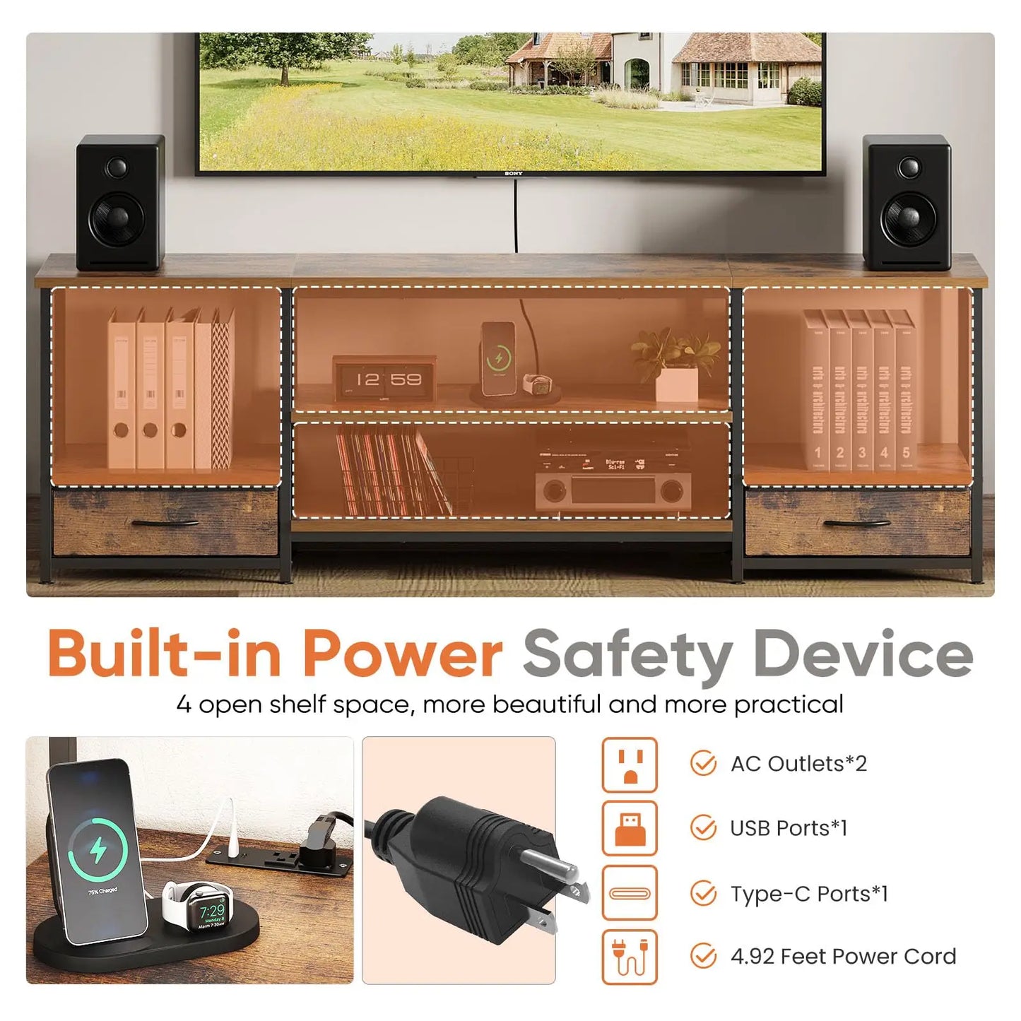 JHK Wooden TV Stand Entertainment Console With Adjustable Shelves