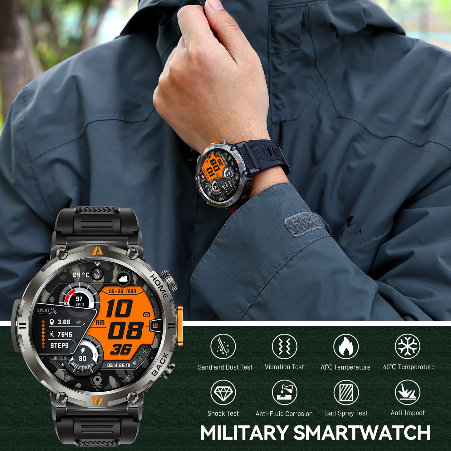 EIGIIS KE3 Smartwatch for Men Bluetooth Health Monitor Heart Rate