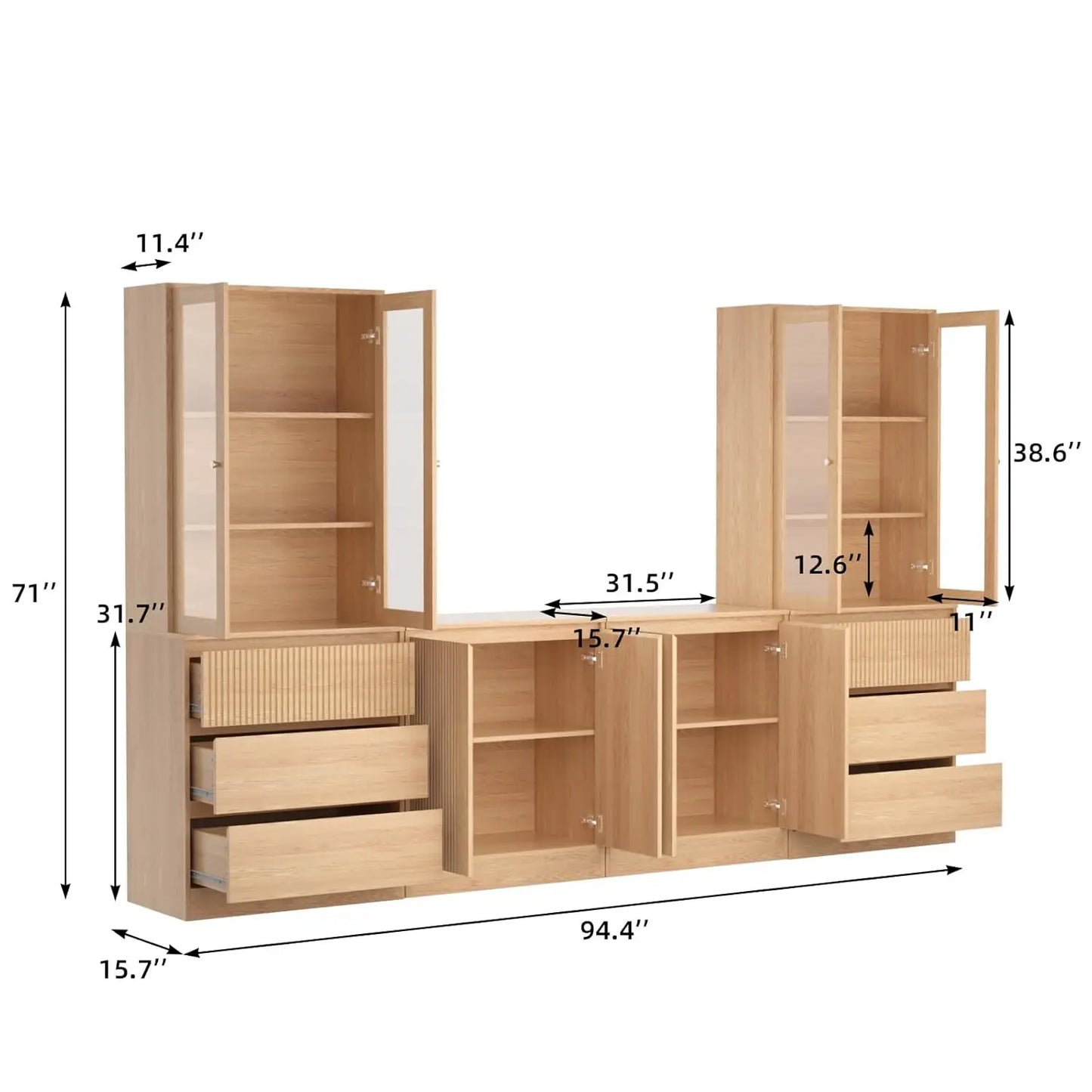 Living Room TV Stand Bookshelf Cabinet Set With Glass Doors
