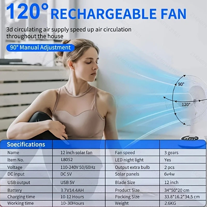 HUANJI Solar Portable Fan with USB Charging and LED Lights