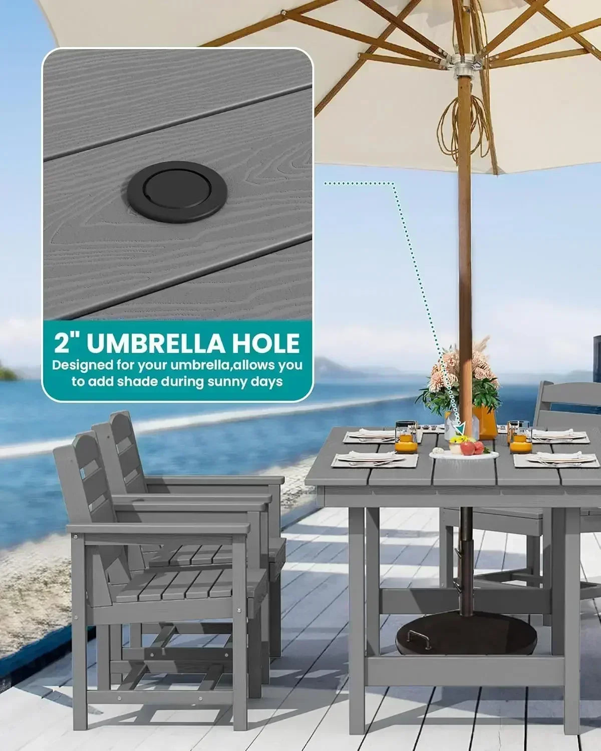 Outdoor HDPE Dining Table Set With Umbrella Hole Cutout