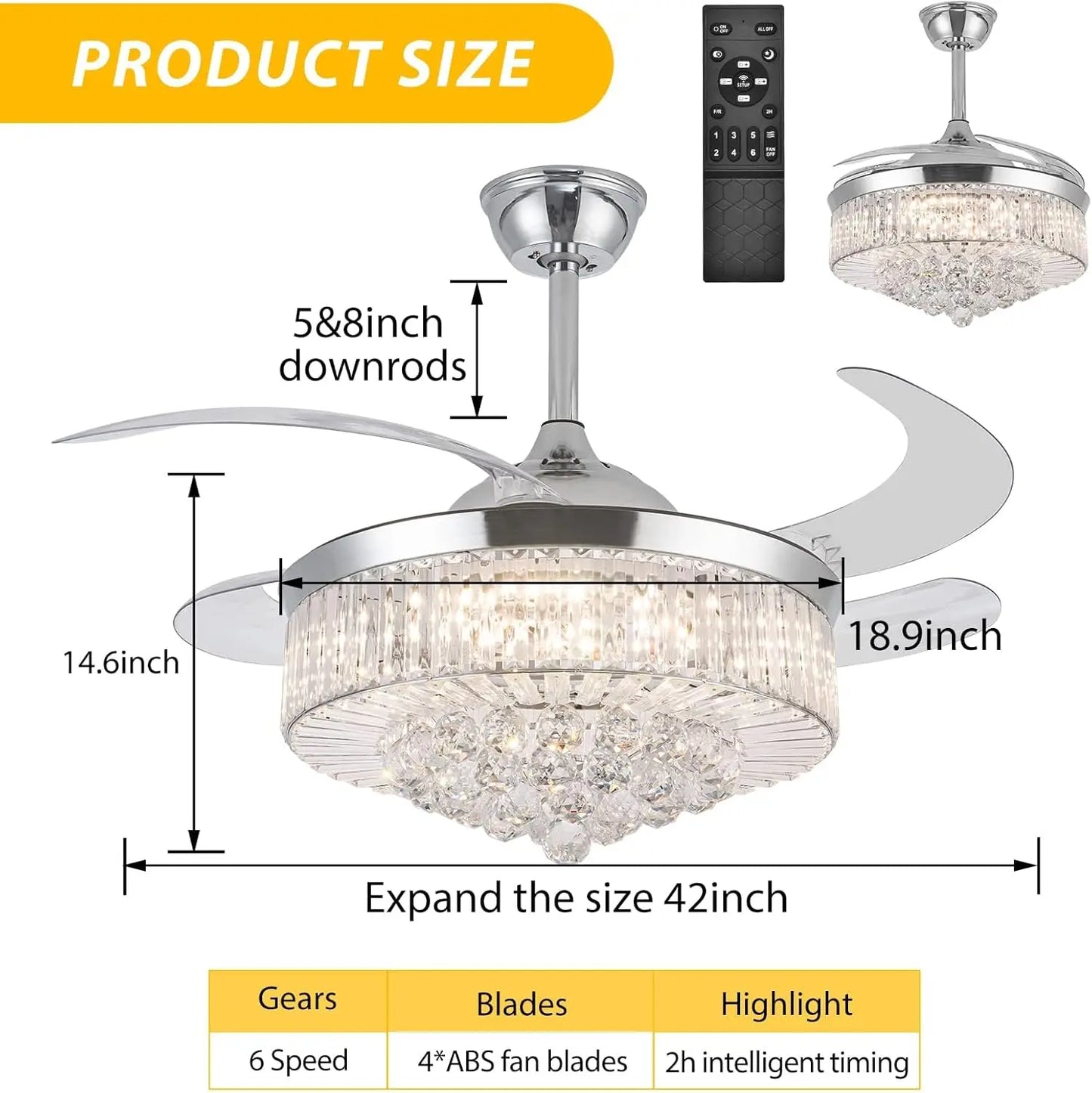 Crystal Ceiling Fan With Light Remote Retractable Blades Six Speeds