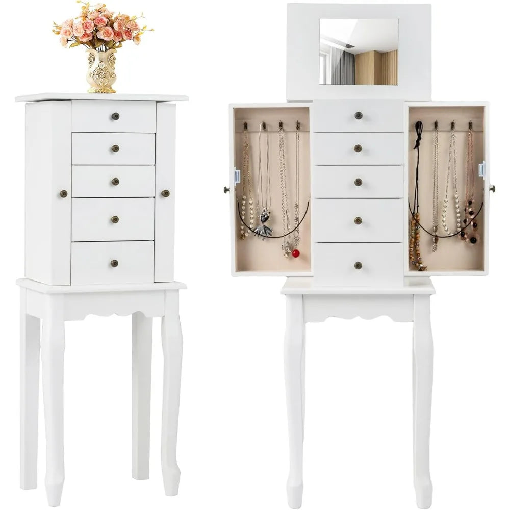 Standing Jewelry Armoire Cabinet With Mirror Top And Drawers