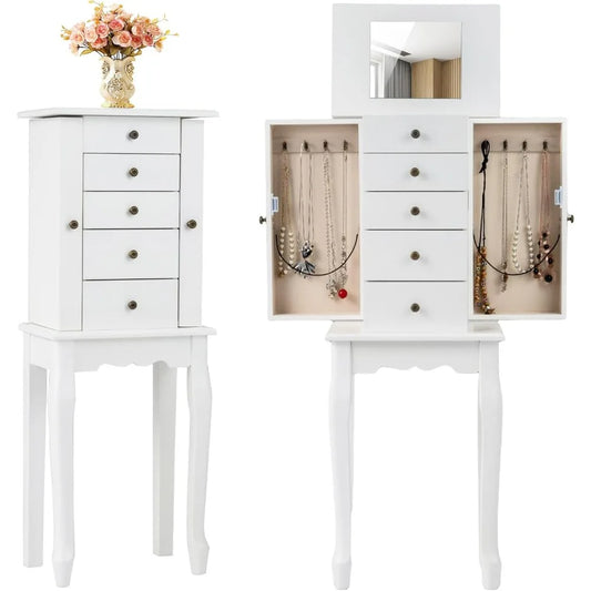 Standing Jewelry Armoire Cabinet With Mirror Top And Drawers