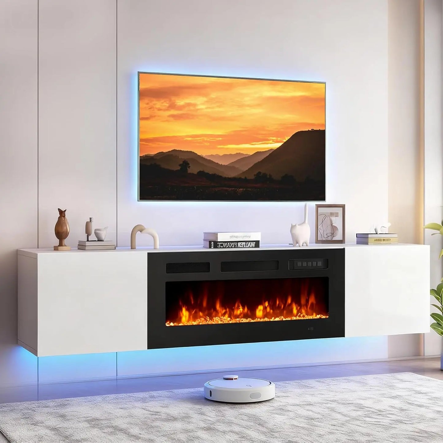 Wall Mount Floating TV Stand With LED Storage And Fireplace
