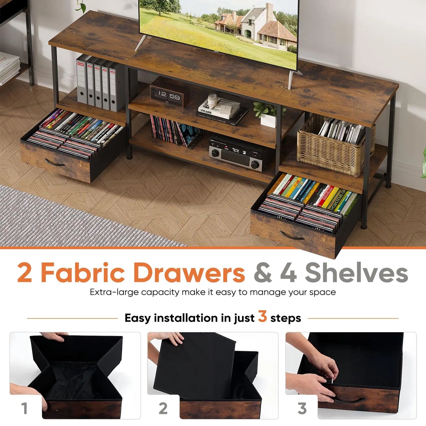 JHK Wooden TV Stand Entertainment Console With Adjustable Shelves