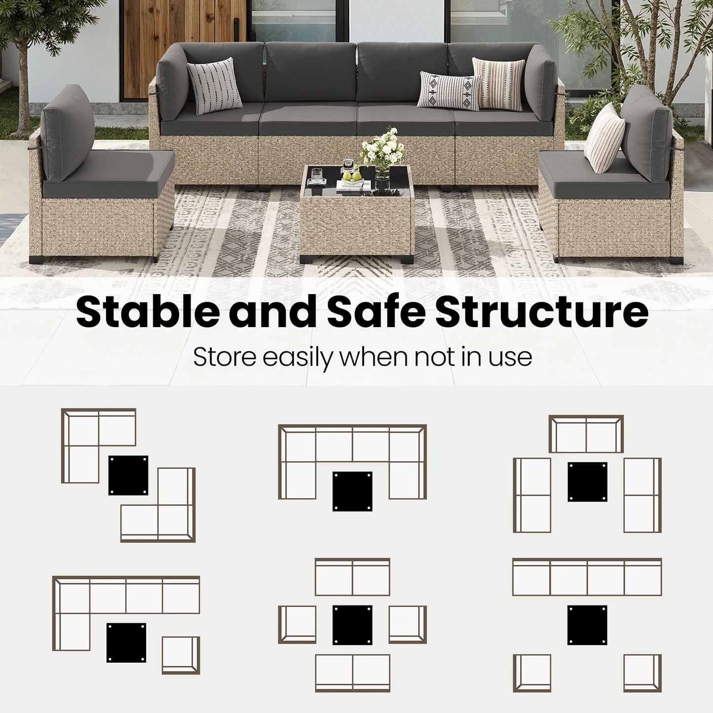 Outdoor 7 Piece Furniture Set Sectional Sofa Tempered Glass Table