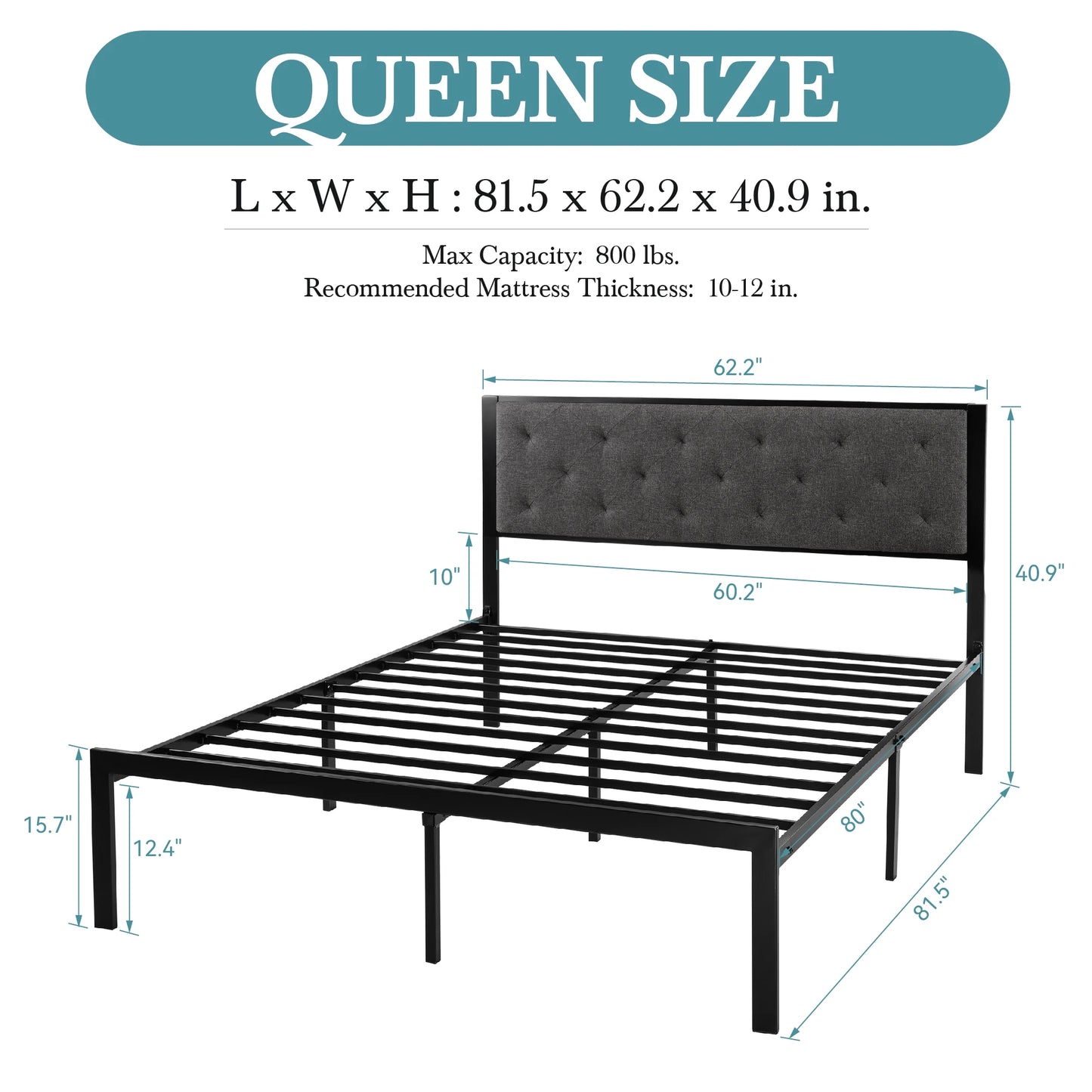 HOOMIC Metal Bed Frame With Upholstered Headboard, Sturdy Foundation