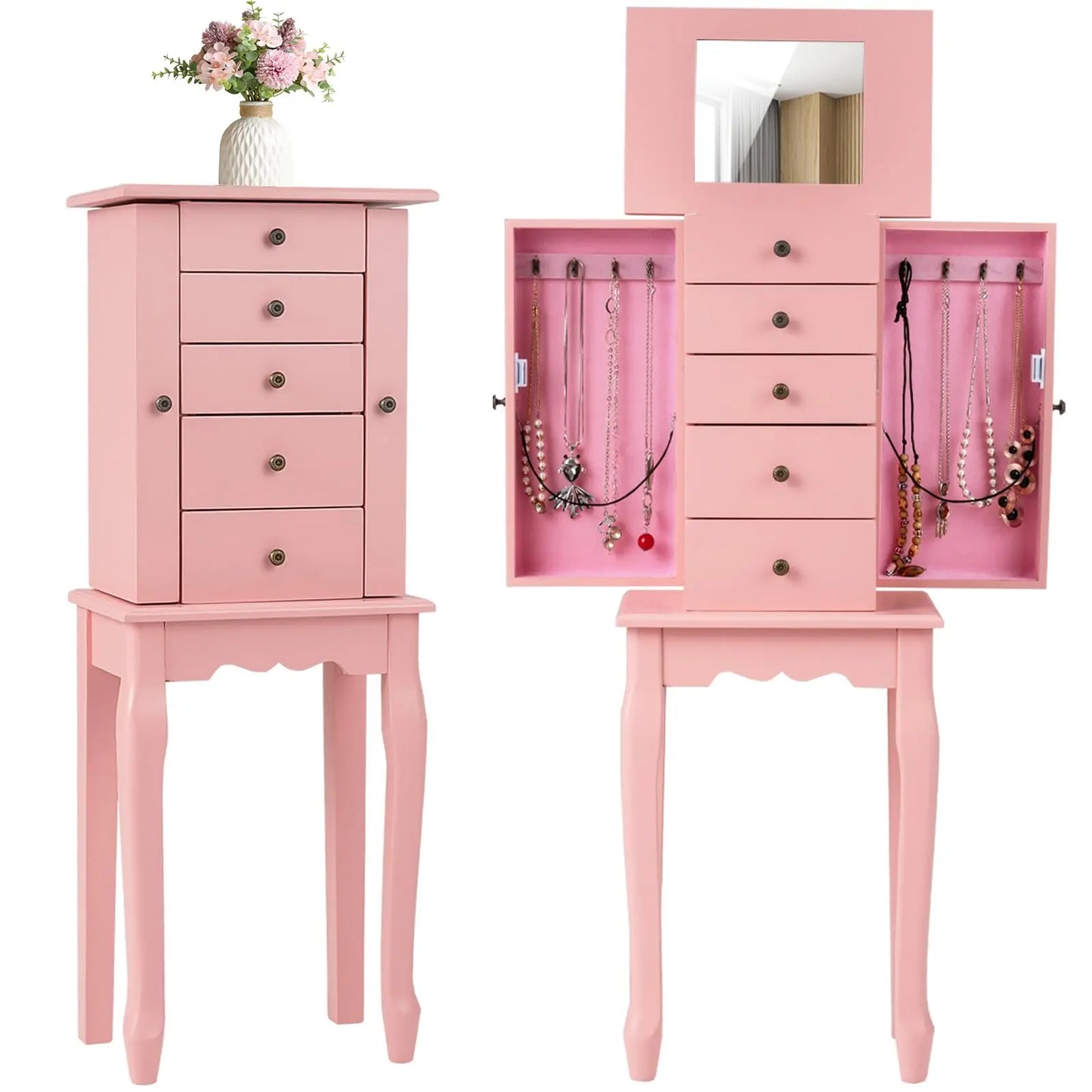 Standing Jewelry Armoire Cabinet With Mirror Top And Drawers