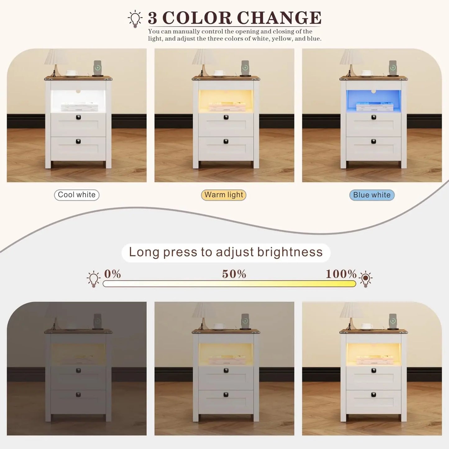 Frame LED Nightstand Set With Charging Station And Drawer