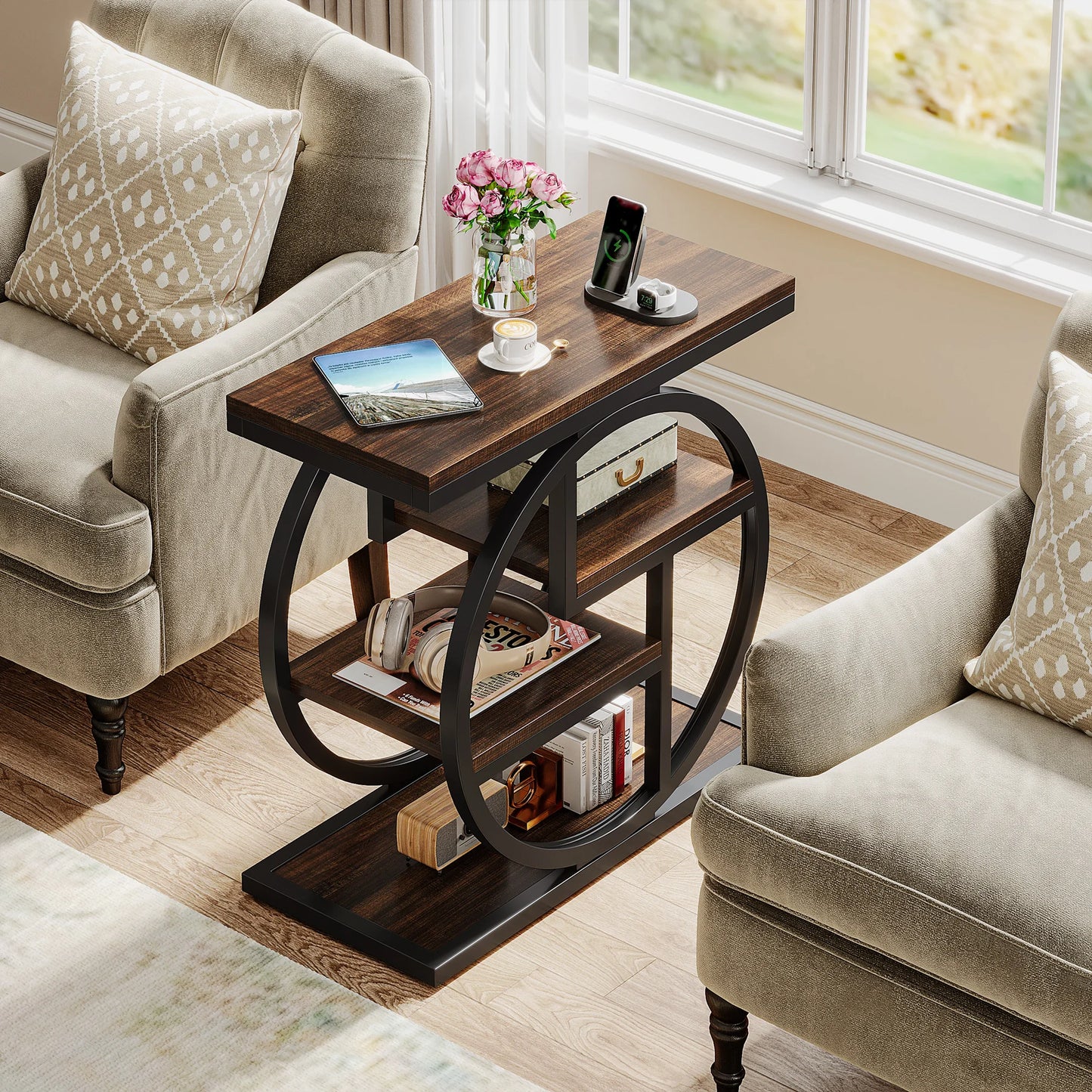 Tribesigns End Table with Storage Shelves, Industrial Narrow Side Table