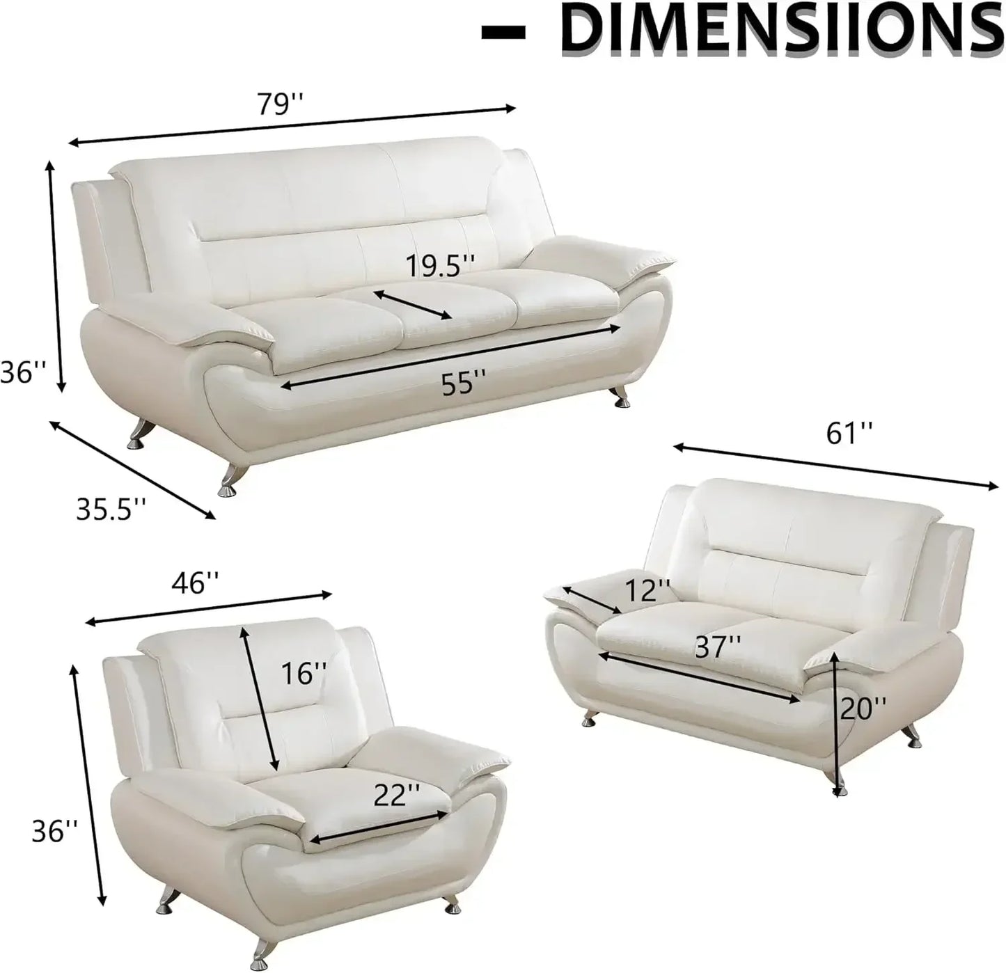 Faux Leather 3 Piece Living Room Couch Set Modern Sofa