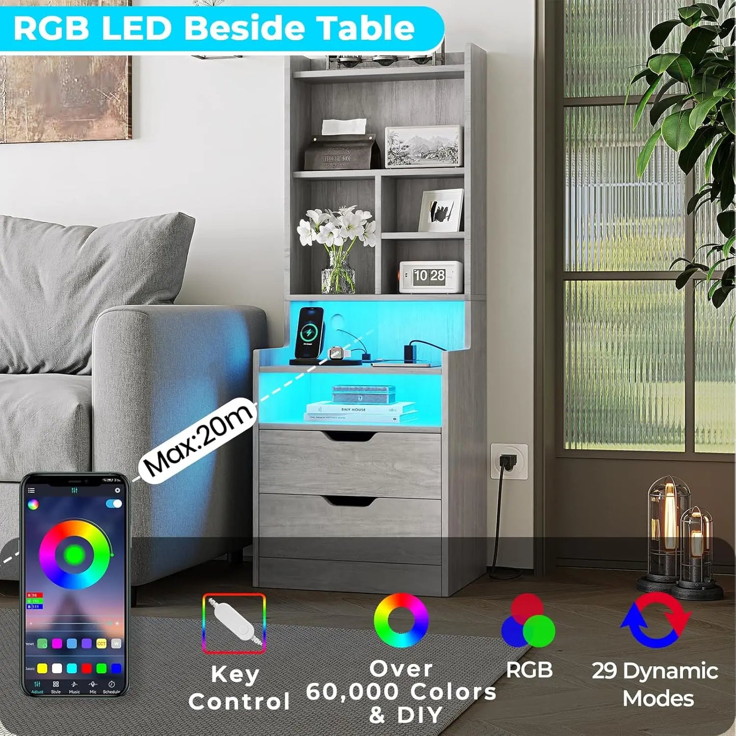 Tall Nightstand With Charging Station Led Lights And Bookshelf