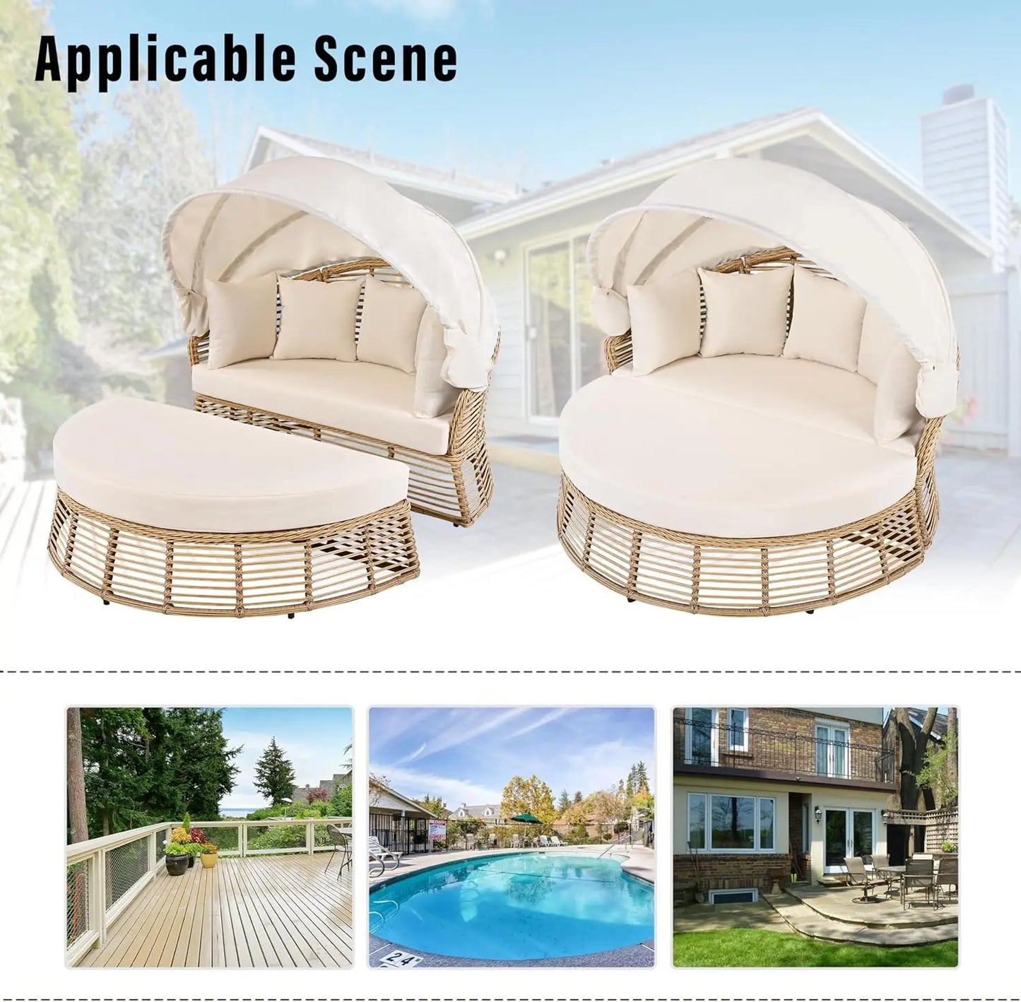 Outdoor Patio Rattan Round Daybed With Retractable Canopy Poolside