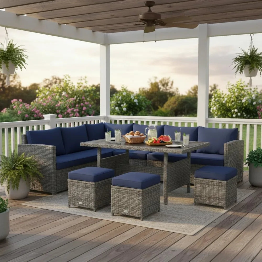Patio Rattan Sectional Dining Set With All Weather Cushions