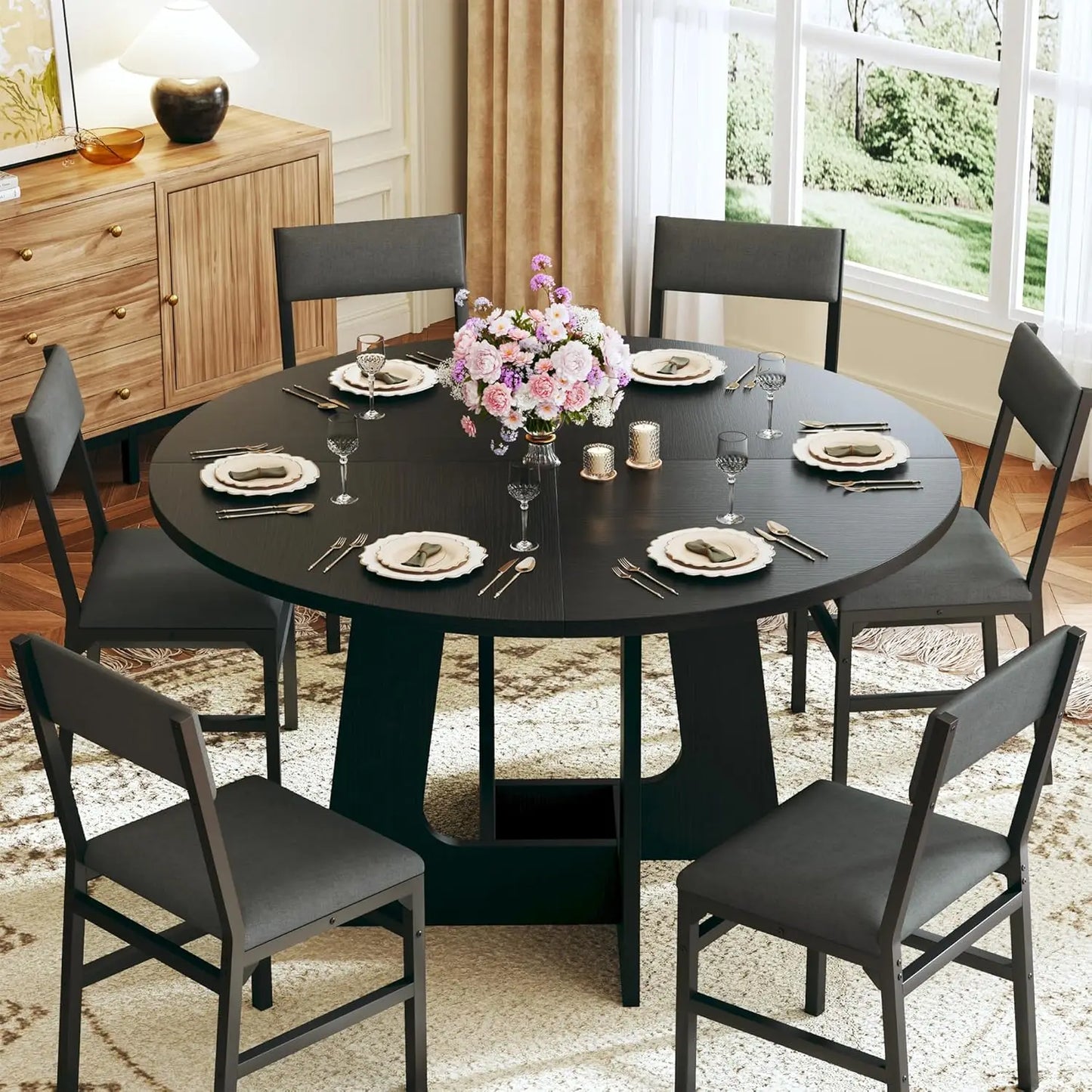 Round Dining Table Set for Six with Wood Base and Modern Style