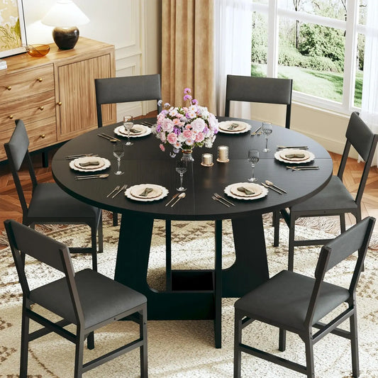 Round Dining Table Set for Six with Wood Base and Modern Style