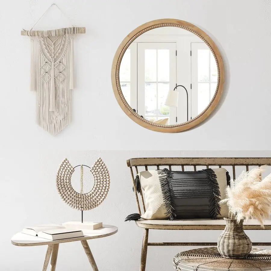 Round Wood Mirror Rustic Farmhouse Wall Mirror For Living Room