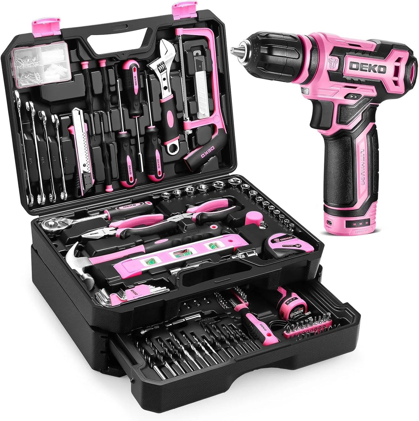 DEKO 12V Cordless Drill Toolbox Set With Organizer Drawer
