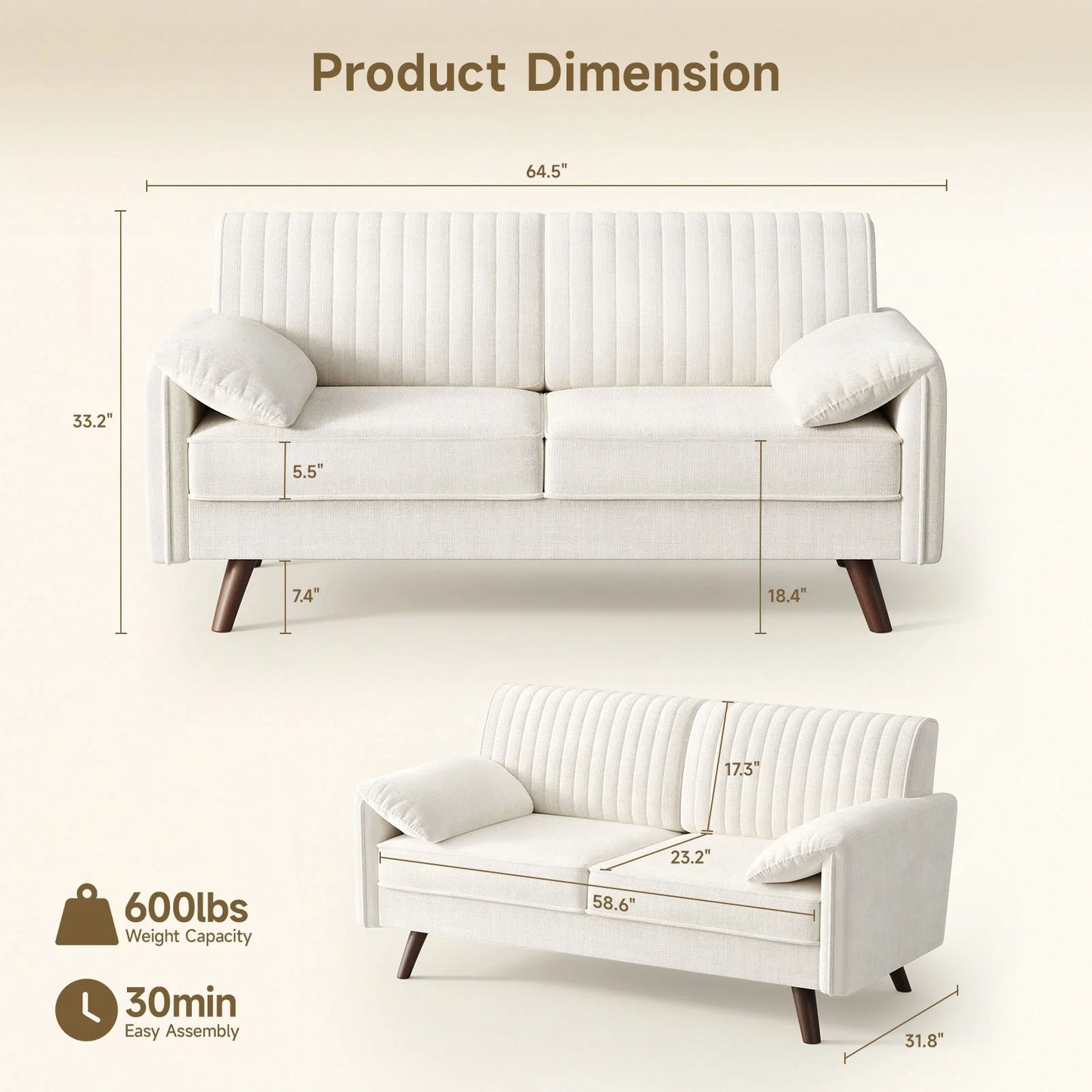 Chenille Loveseat Sofa for Living Room Compact Modern Scandinavian Style