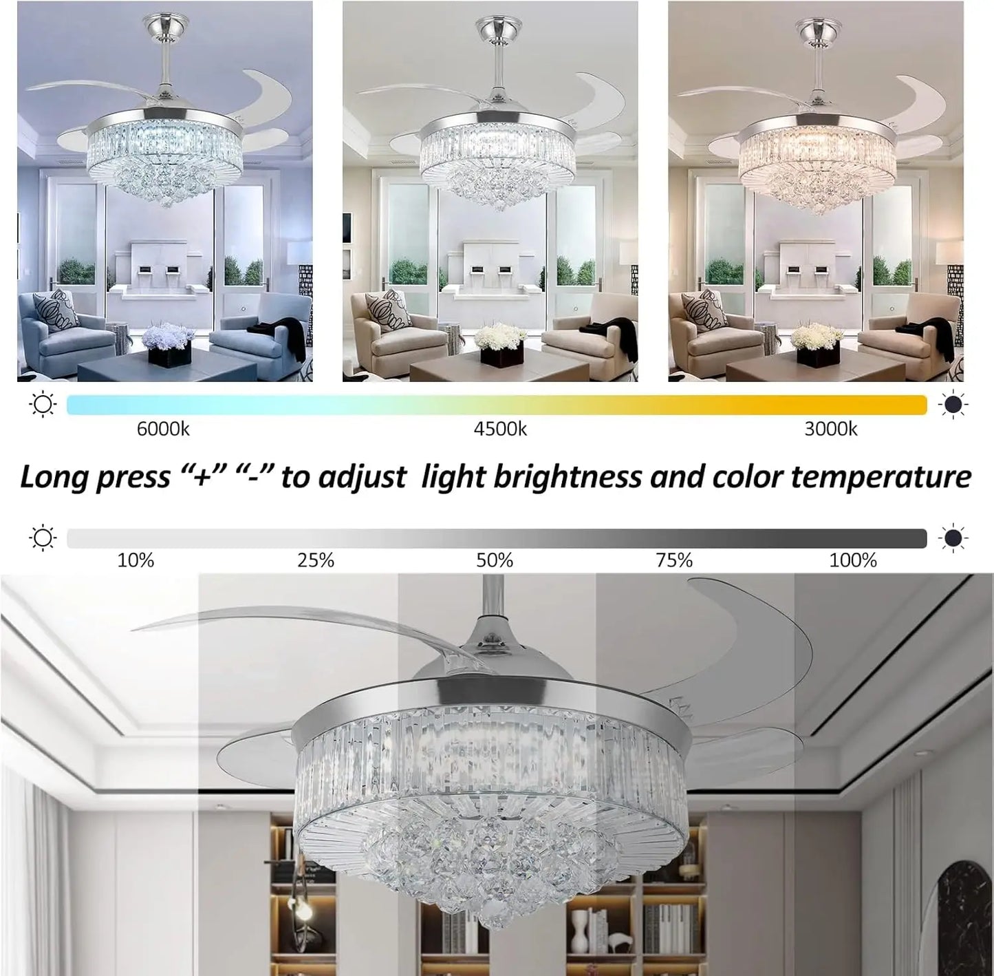 Crystal Ceiling Fan With Light Remote Retractable Blades Six Speeds