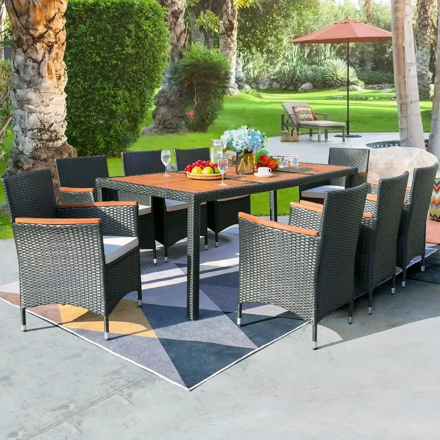 9 Piece Outdoor Patio Dining Set Table And Chairs In Acacia Wood With Cushions