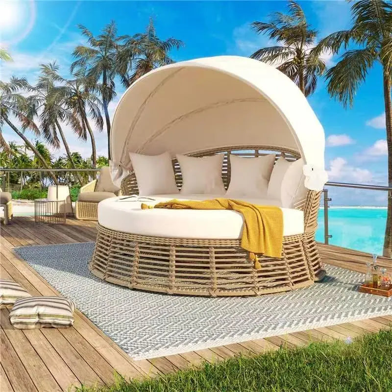 Outdoor Patio Rattan Round Daybed With Retractable Canopy Poolside