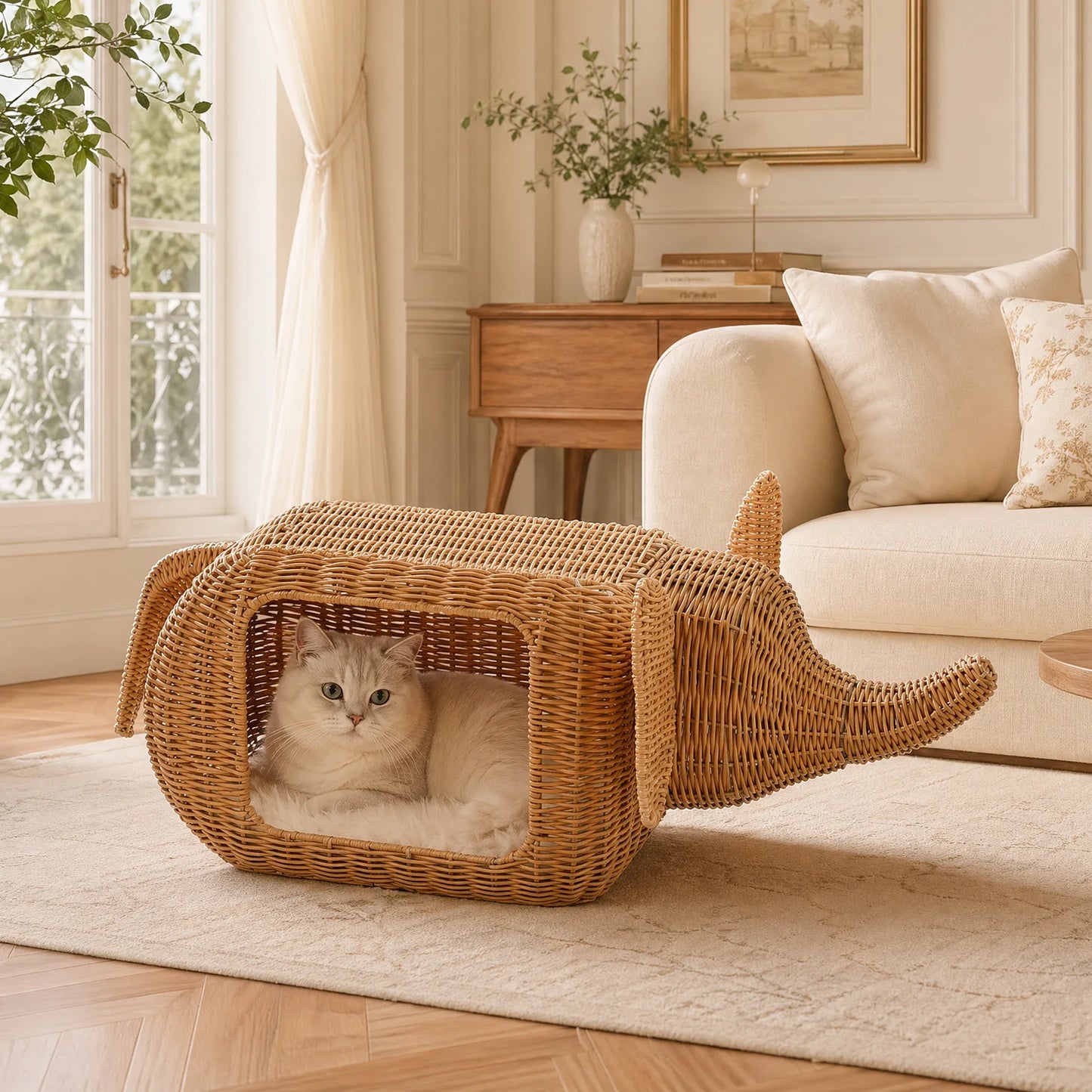 PEQULTI Handmade Elephant Rattan Cat Condo Bed Plush Hideaway
