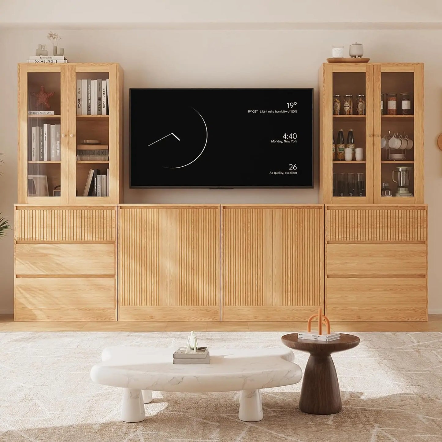 Living Room TV Stand Bookshelf Cabinet Set With Glass Doors