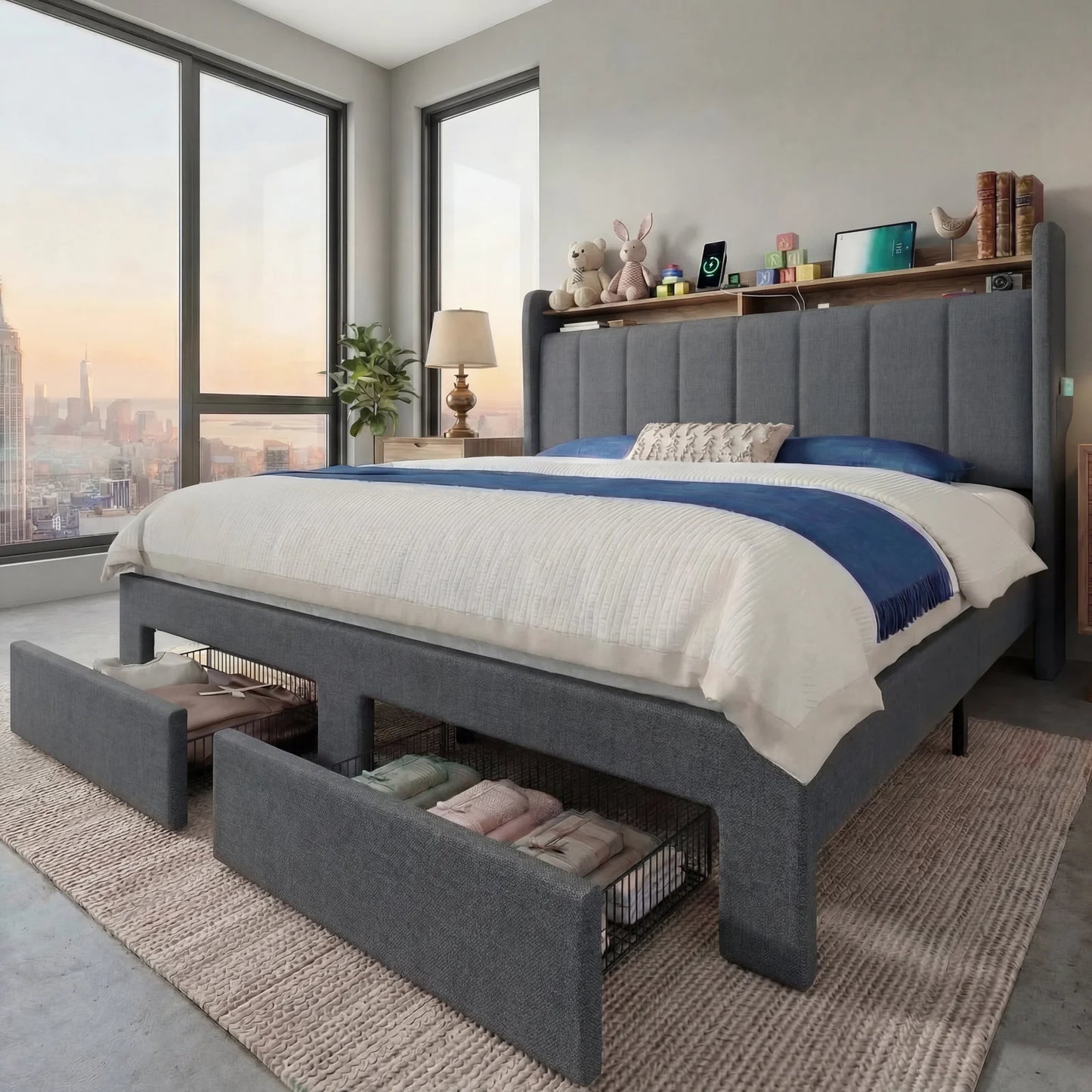 HOOMIC Bed Frame With LED Lights, Storage Drawers, Charging Station