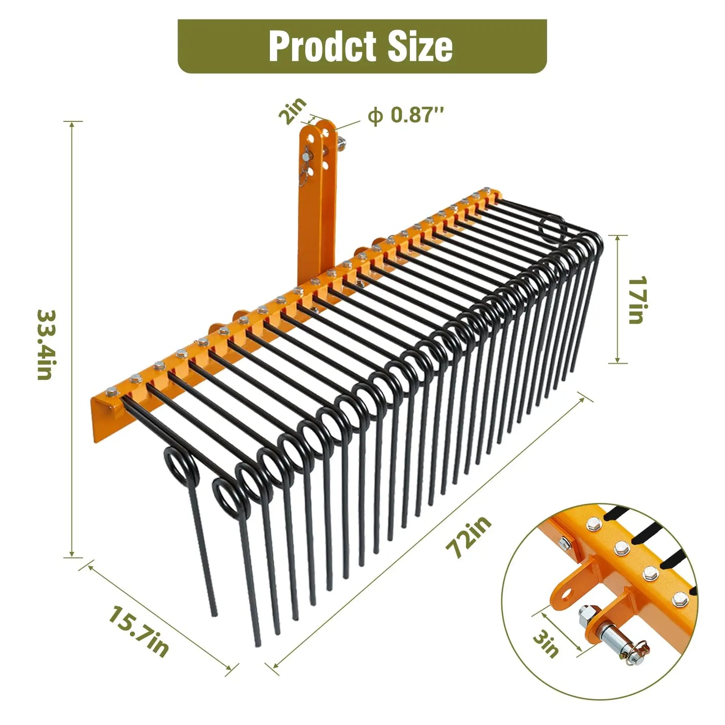 HiMISS 72 Inch Pine Straw Rake With Coil Spring Tines