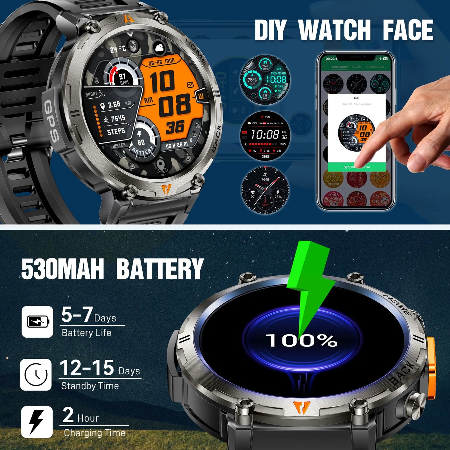 EIGIIS KE3 Smartwatch for Men Bluetooth Health Monitor Heart Rate