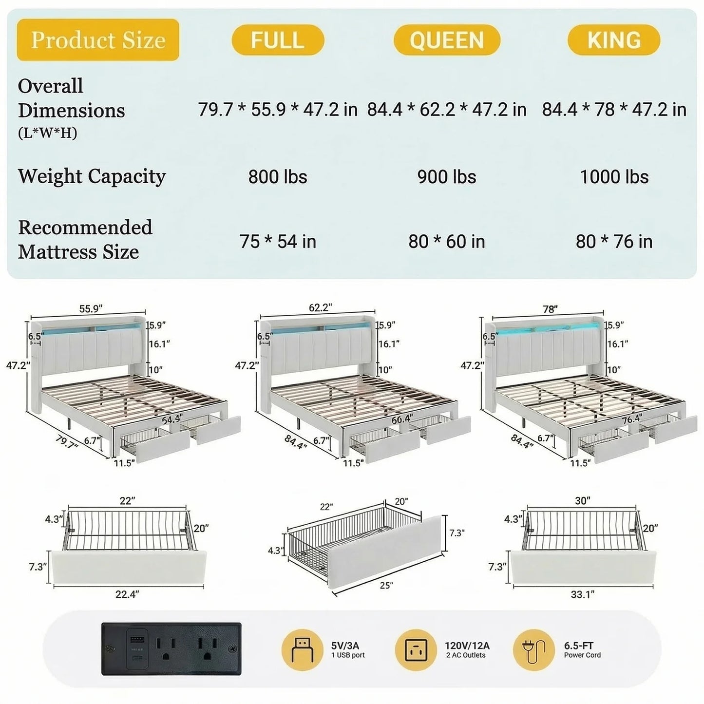 HOOMIC Bed Frame With LED Lights, Storage Drawers, Charging Station