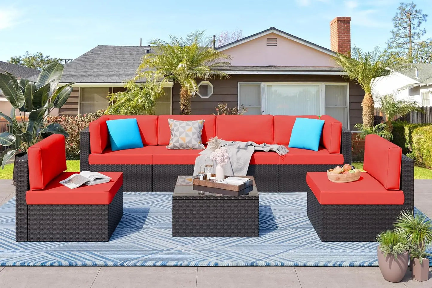 Outdoor 7 Piece Patio Furniture Set Modular Rattan Sofa
