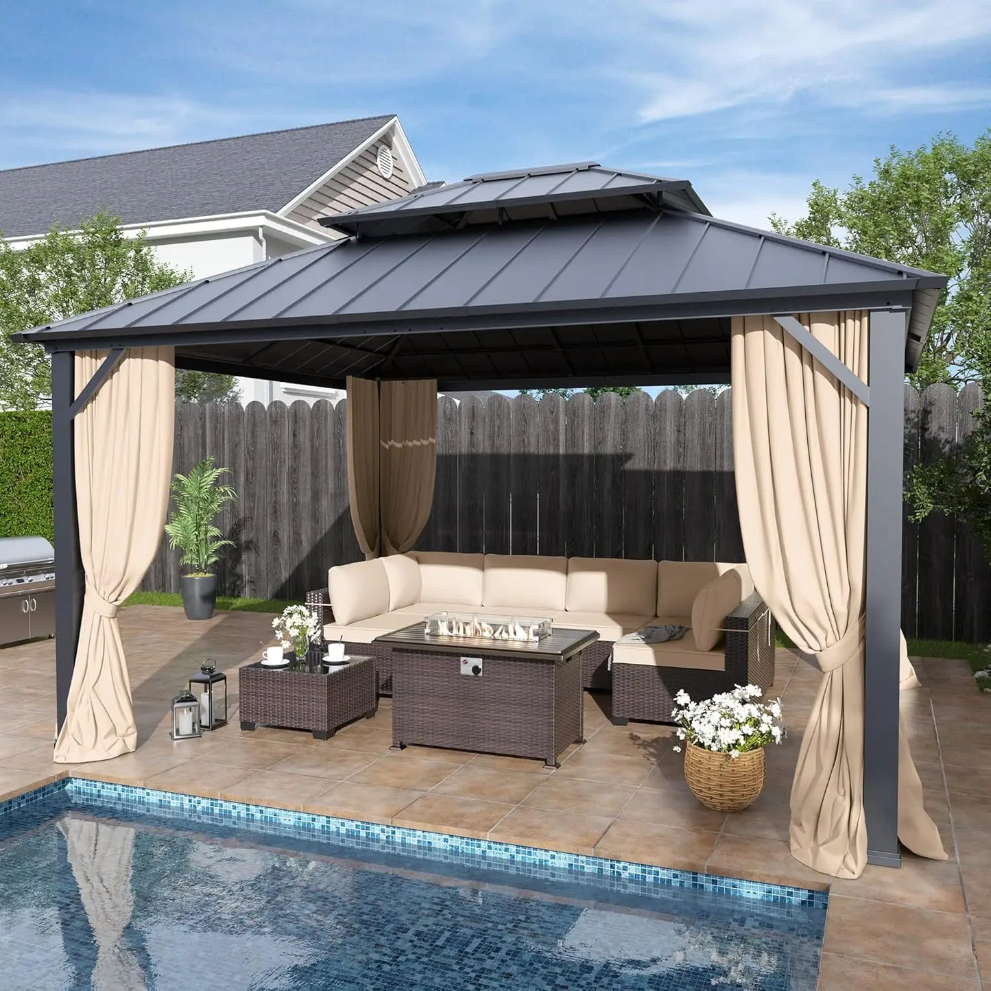 Hardtop Gazebo With Curtains And Netting For Patio And Garden