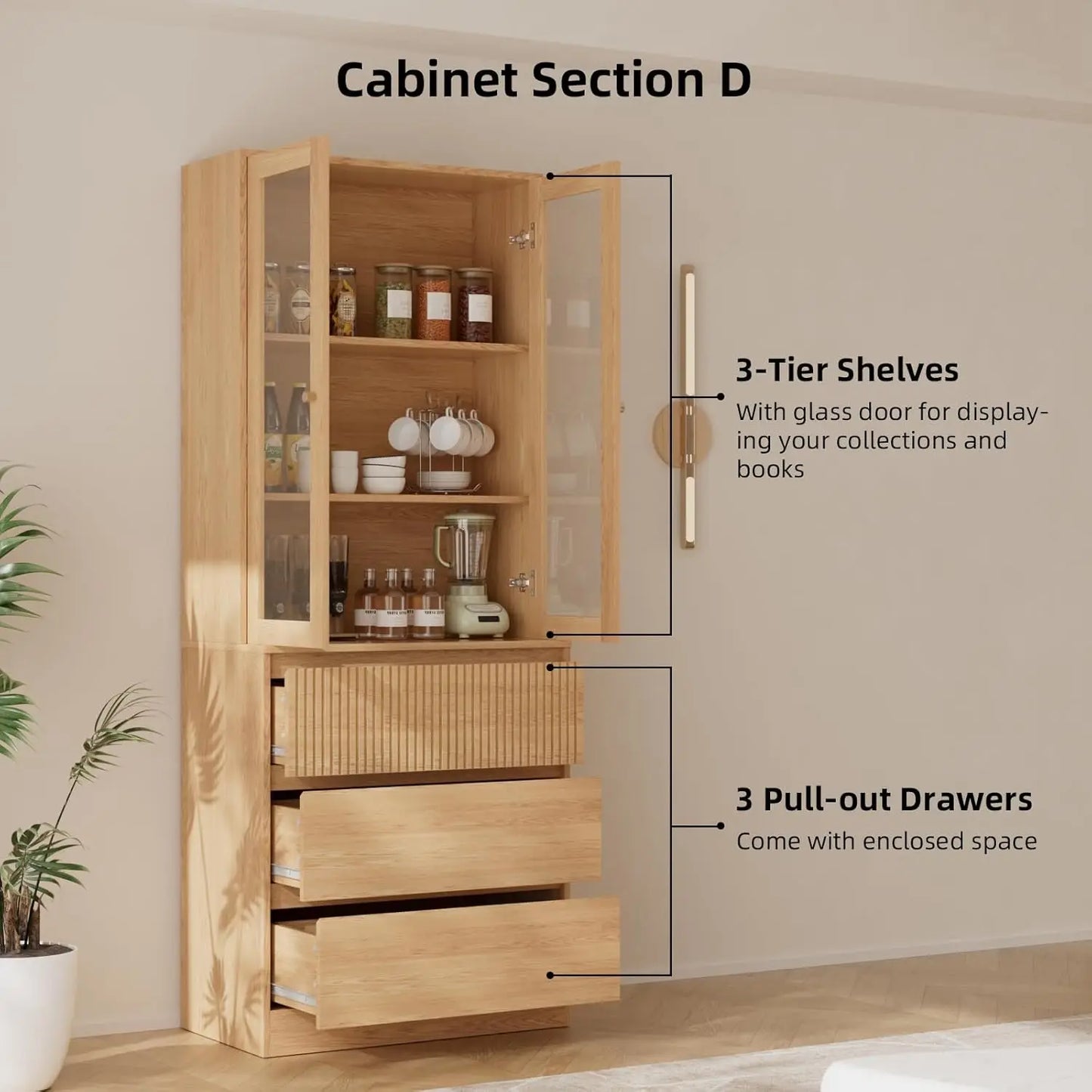 Living Room TV Stand Bookshelf Cabinet Set With Glass Doors