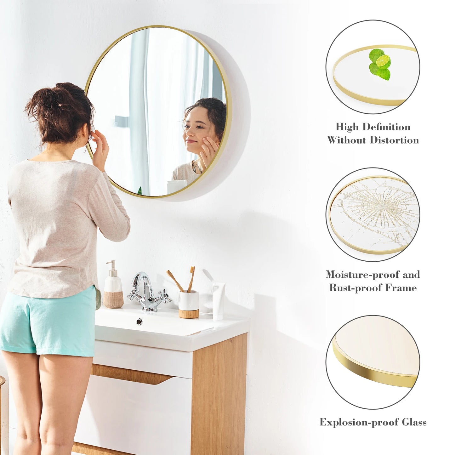 JHK Round Vanity Framed Mirror With Tempered Glass For Wall