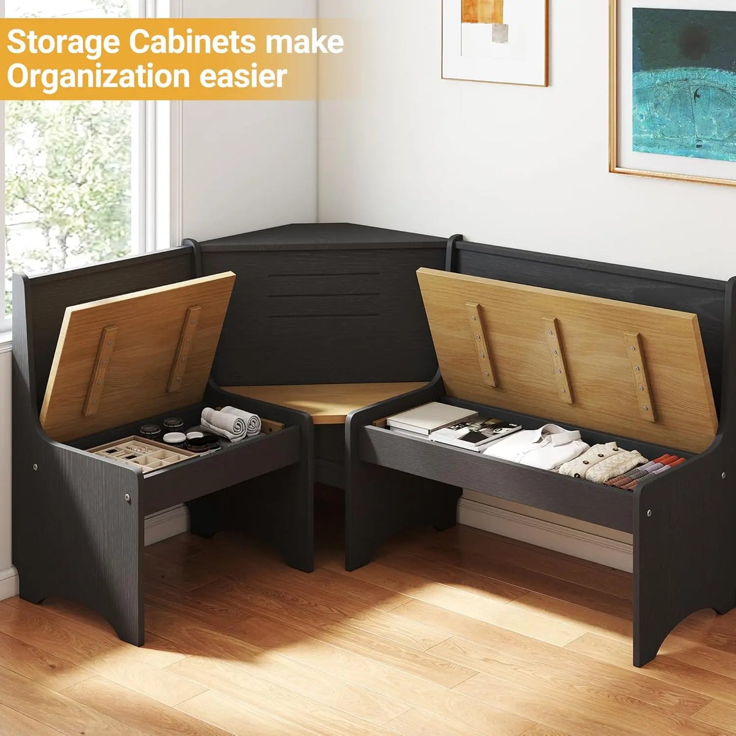 L-Shaped Breakfast Nook Set With Hidden Storage Bench