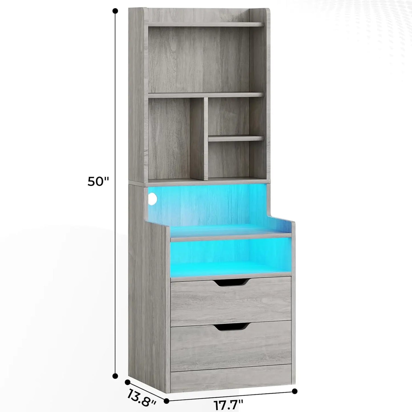 Tall Nightstand With Charging Station Led Lights And Bookshelf