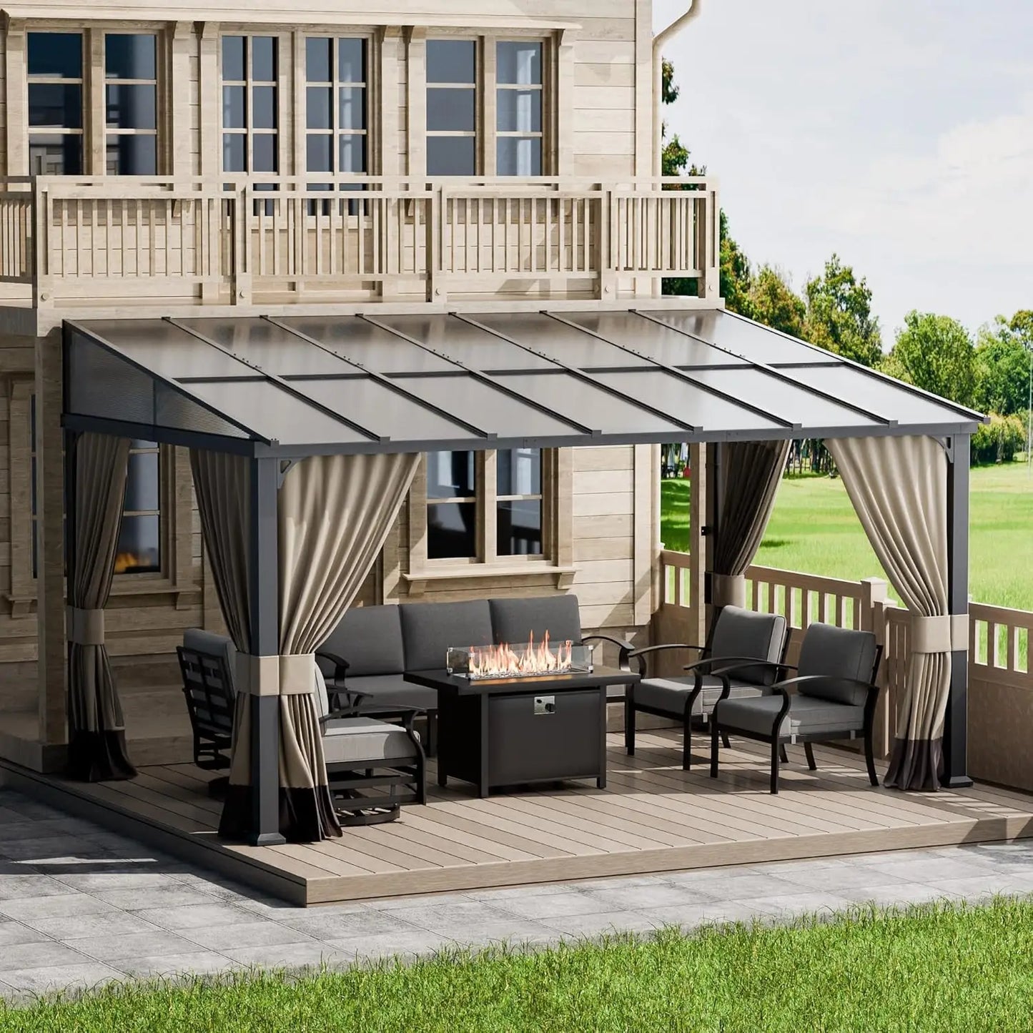 Wall Mounted Hardtop Pergola With Curtains And Netting