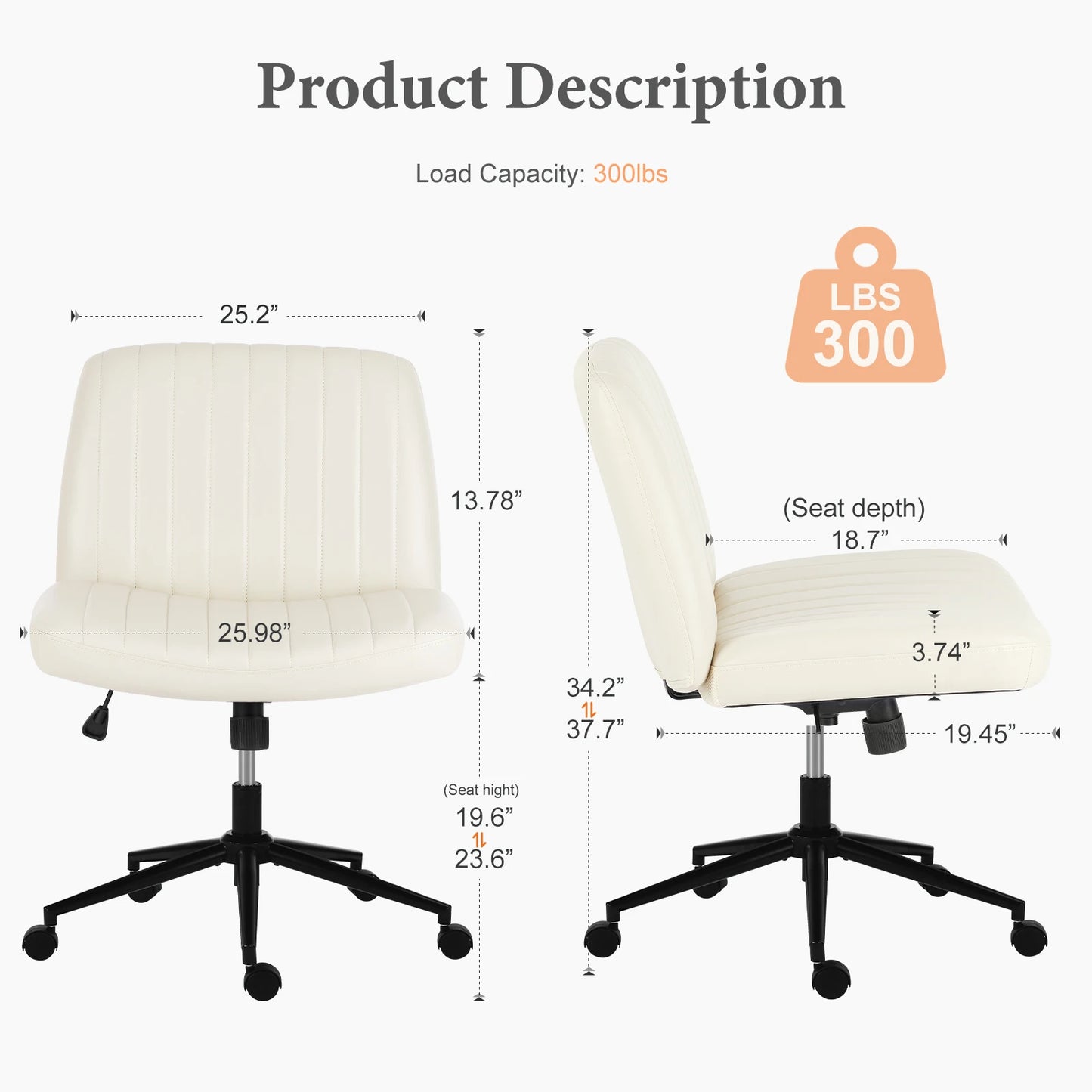 JHK Armless Office Chairs With Wheels PU Leather Swivel Adjustable