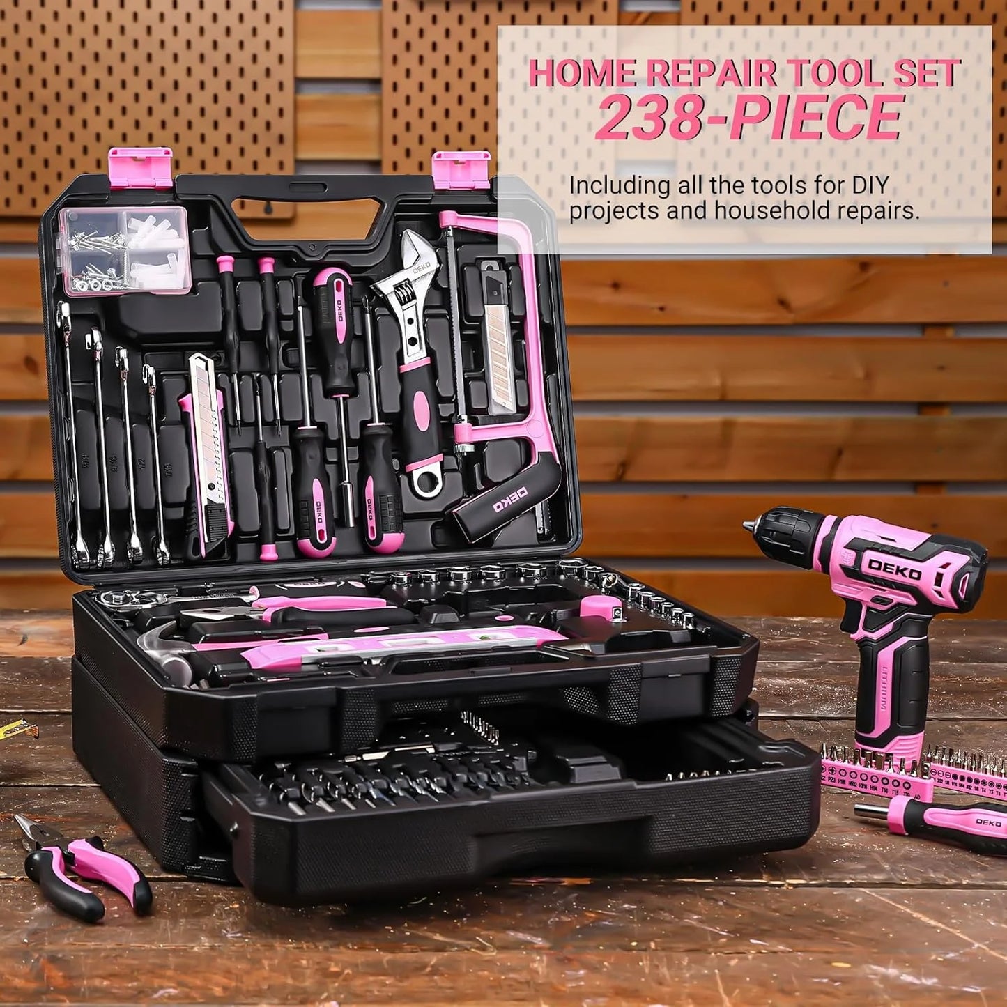DEKO 12V Cordless Drill Toolbox Set With Organizer Drawer