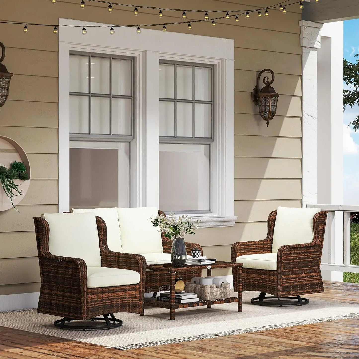 Outdoor PE Rattan Patio Set With Swivel Chairs