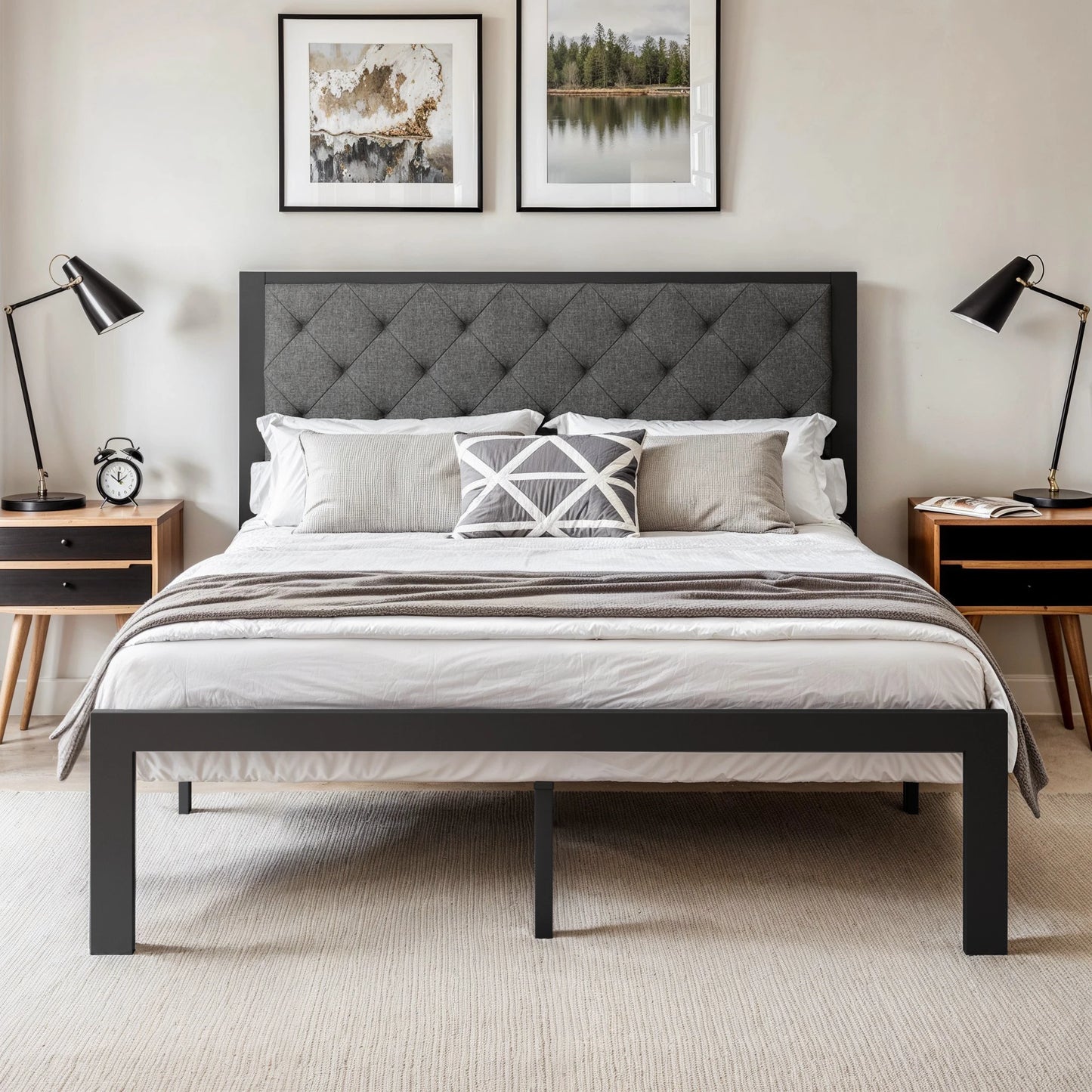 HOOMIC Metal Bed Frame With Upholstered Headboard, Sturdy Foundation