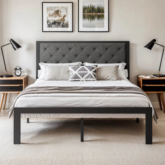 HOOMIC Metal Bed Frame With Upholstered Headboard, Sturdy Foundation