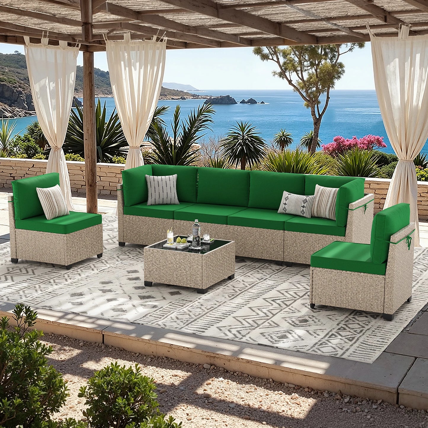 Outdoor 7 Piece Furniture Set Sectional Sofa Tempered Glass Table