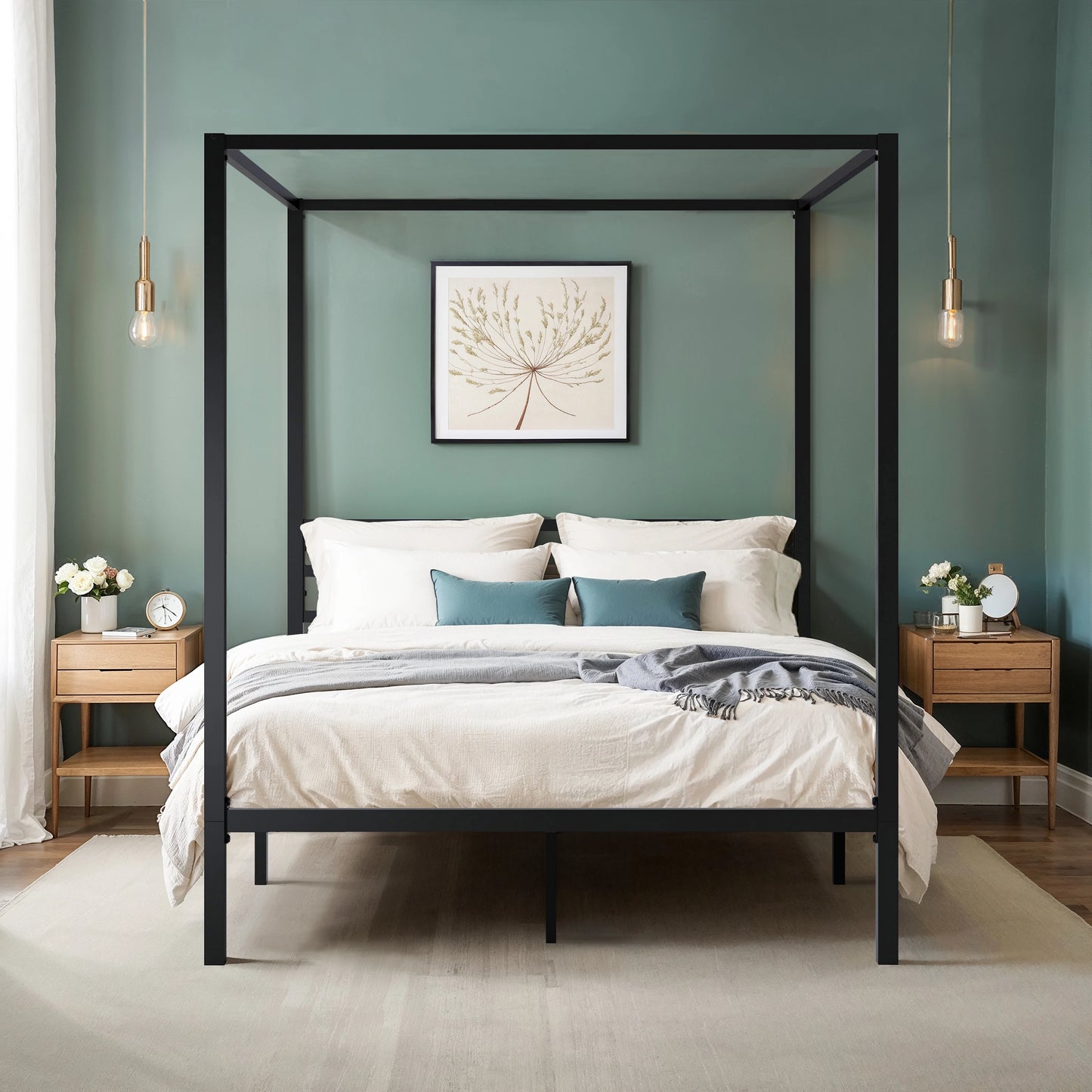 HOOMIC Canopy Bed Frame With Enhanced 4 Poster Crossbars