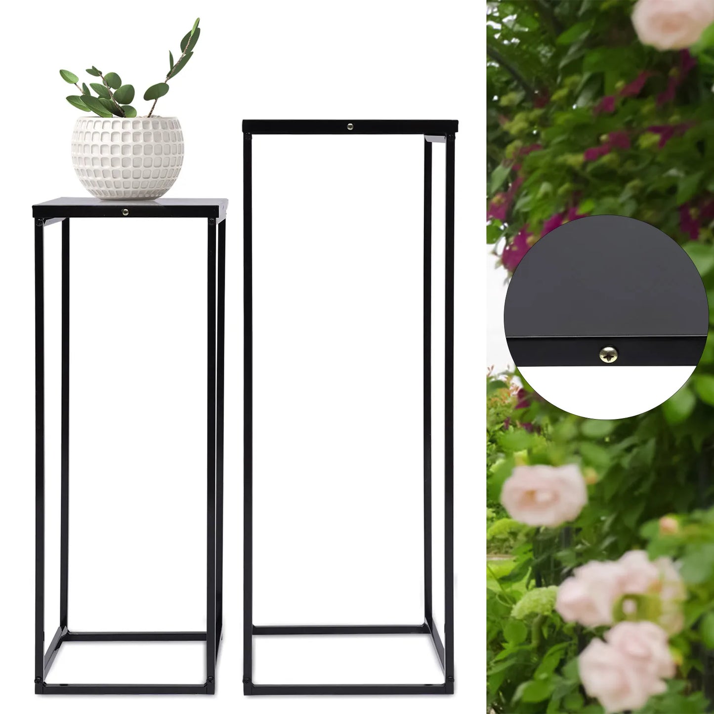 Set of 2 Metal Plant Stand Indoor Outdoor Square Rack