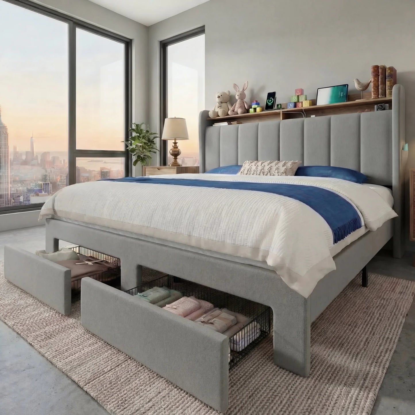 HOOMIC Bed Frame With LED Lights, Storage Drawers, Charging Station