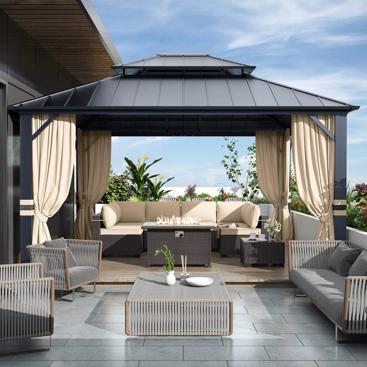Hardtop Gazebo With Curtains And Netting For Patio And Garden